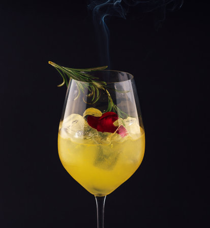 rosemary aprcot cocktails with ice in glassesの写真素材