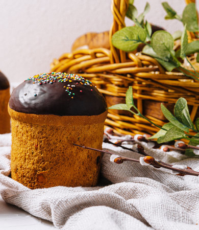 Ukrainian chocolate and vanilla easter cake on a towelの写真素材