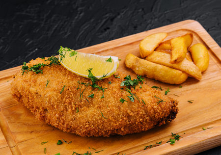 Breaded schnitzel with french fries on a cutting boardの写真素材