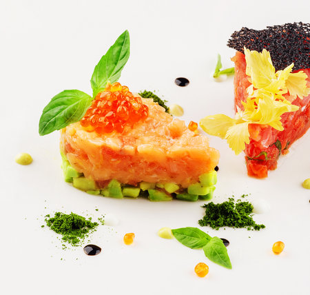 salmon and beef tartare on white plateの写真素材