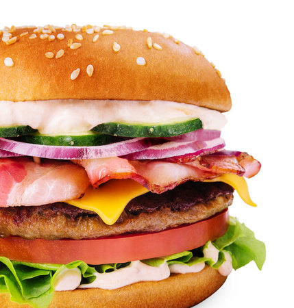 Delicious burger with bacon on white backgroundの写真素材