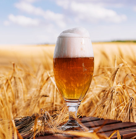 a glass of beer in a wheat fieldの写真素材