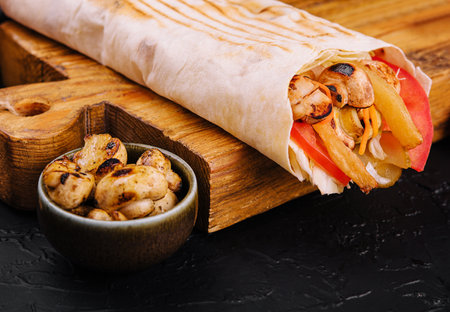 Rustic shawarma with french fries, mushrooms, chicken in pita breadの写真素材