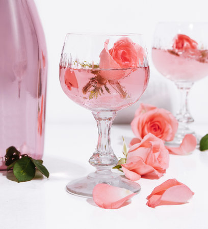 roses in pink champagne glasses with champagne bottleの写真素材