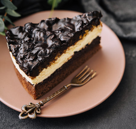 Chocolate, caramel, peanut cake, snickers on a plateの写真素材