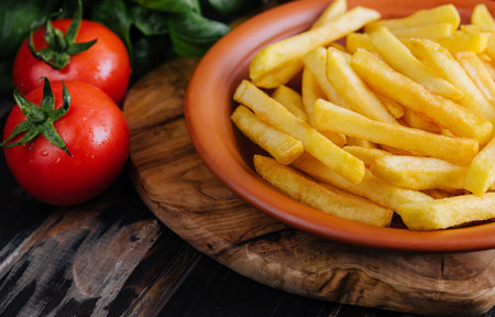 Fresh tasty french fries and red sauce on a wooden cutting board