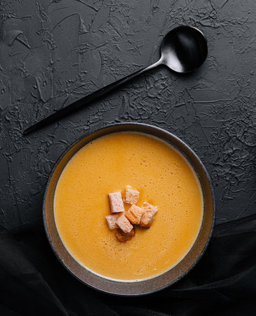 cheese soup with crackers top viewの写真素材
