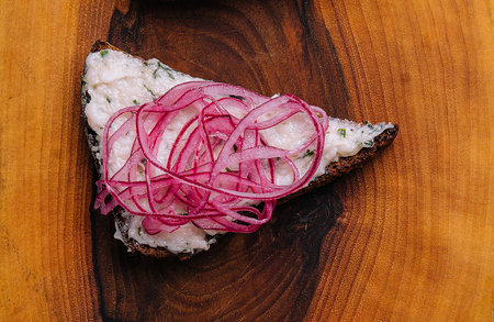 piece of bread with delicious lard with red onions