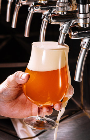 Bartender pouring fresh beer into glass in pub