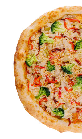 Fresh italian pizza with chicken fillet, mushrooms,broccoli, cheese on whiteの写真素材