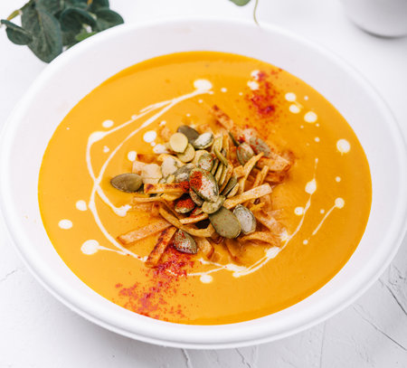 Hokkaido or butternut pumpkin soup with curry and seedsの写真素材