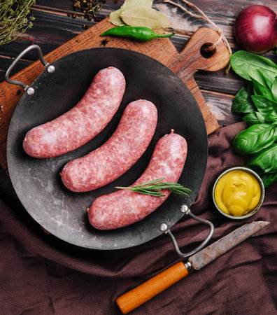 raw romanian sausages in a frying panの写真素材