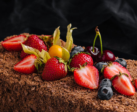 Chocolate Napoleon cake with berries closeupの写真素材