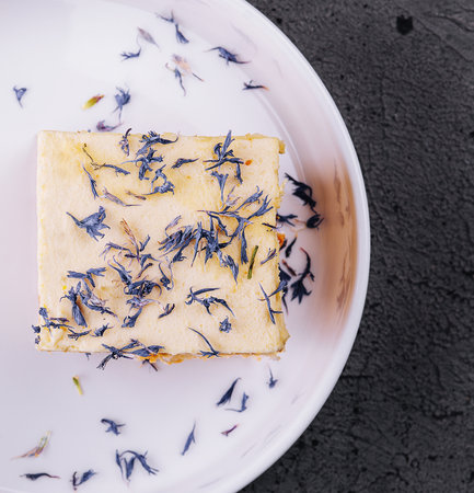 French mille feuille cake with vanilla cream decorated with blue flower leavesの写真素材