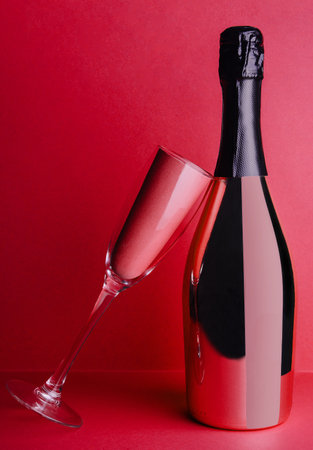 champagne bottle with glass on red backgroundの写真素材