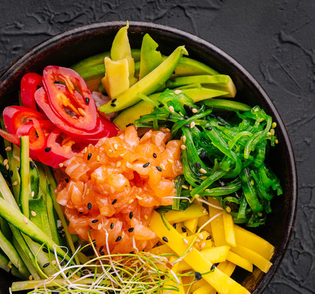 Hawaiian salmon poke bowl with seaweed, avocado, sesame seeds and cucumber