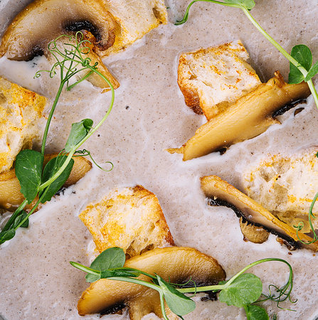 Creamy mushroom soup with champignons top viewの写真素材