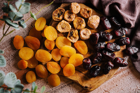 Different dried fruits on wooden backgroundの写真素材