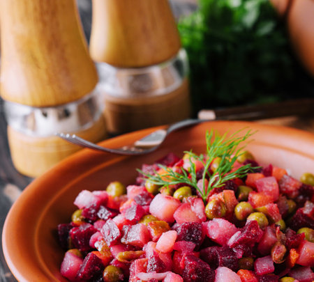 Vinaigrette salad with boiled vegetables closeupの写真素材