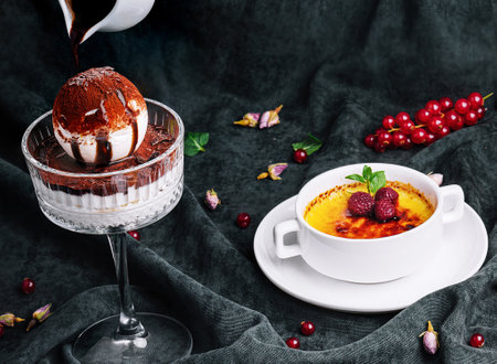 creme brulee dessert and tiramisu dessert close upの写真素材