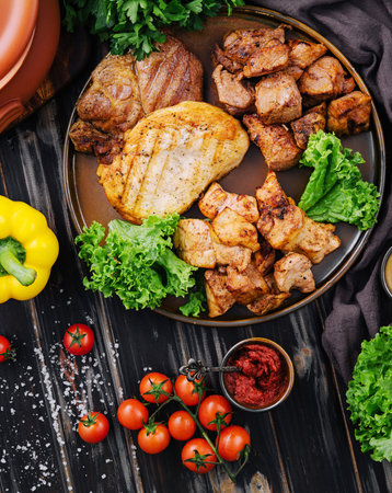 Grilled barbecue meat assortment on dark wood