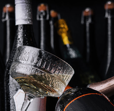 different bottles of champagne with a glass of white champagneの写真素材
