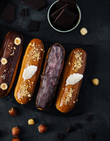 Sweet chocolate eclairs on black wooden boardの写真素材