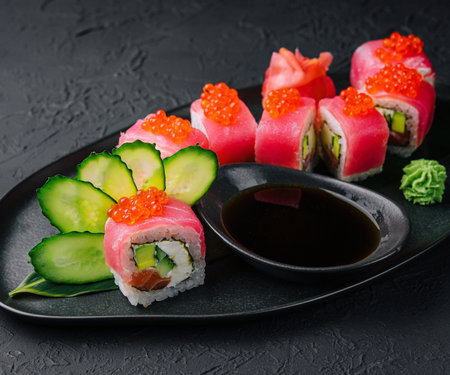 Sushi roll Maguro with tuna and red caviarの写真素材
