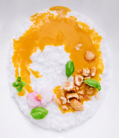 Delicious healthy breakfast with hazelnuts top viewの写真素材