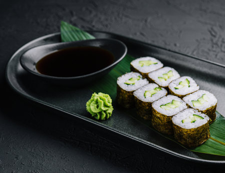 Kappamaki - cucumber sushi roll on black plateの写真素材