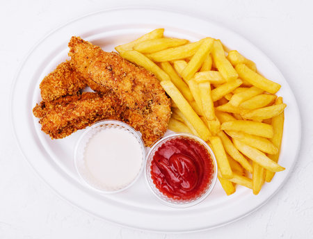 Chicken nuggets with french fries top viewの写真素材