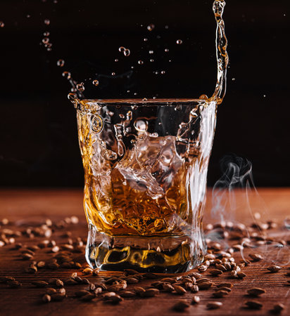 Splash of whiskey from an ice cube in glassの写真素材