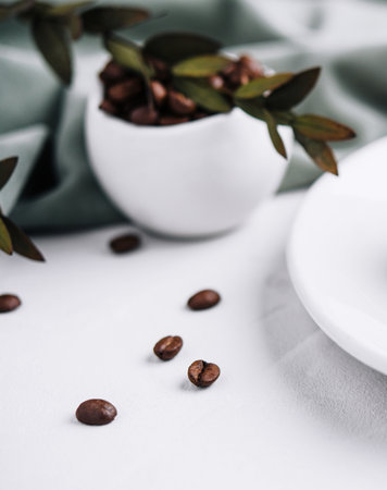 coffee beans on stone table close upの写真素材