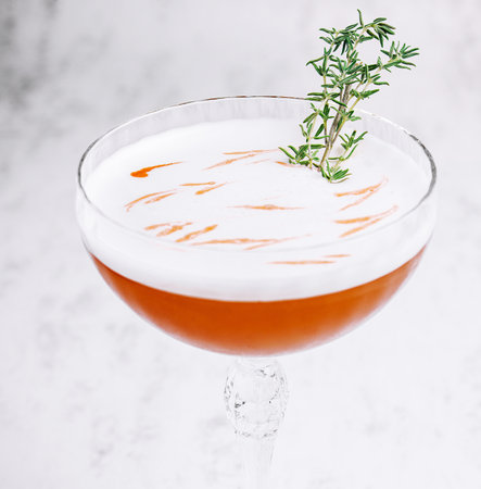 Sweet and fresh cold alcoholic orange cocktail with foamの写真素材