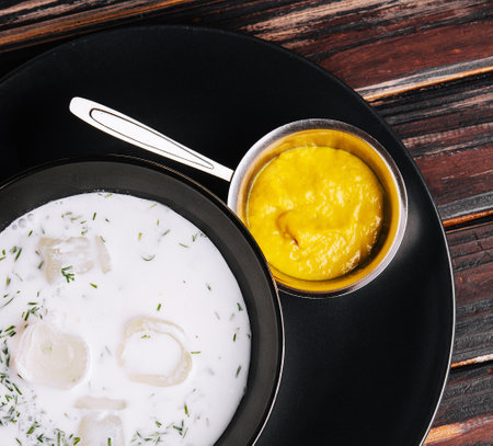 Cold soup okroshka on wooden backgroundの写真素材
