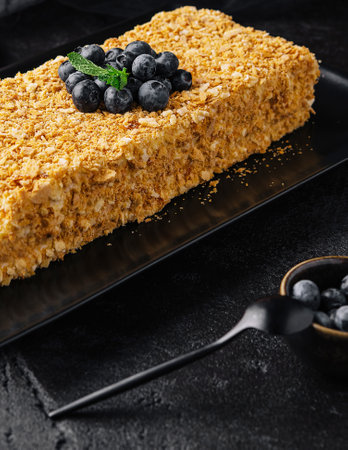 Napoleon cake decorated with blueberriesの写真素材