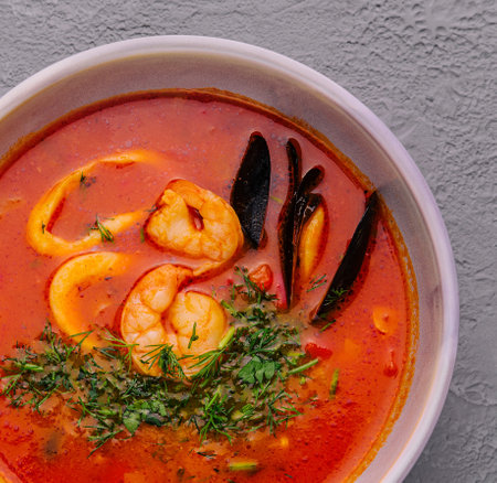 Tom yum soup with shrimp, squid and mussels top viewの写真素材