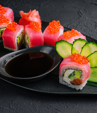 Sushi roll Maguro with tuna and red caviarの写真素材