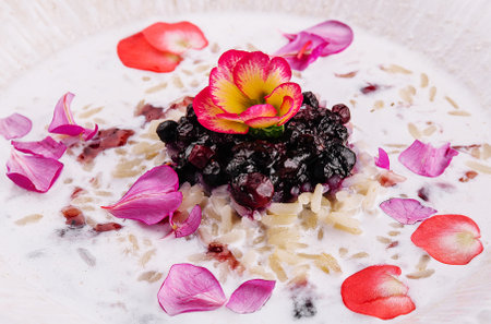 Milk soup with rice cereal in a bowlの写真素材