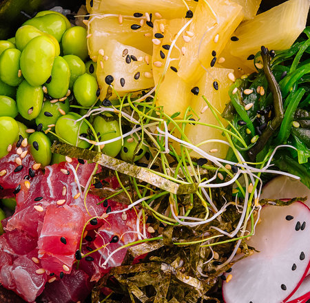 Hawaiian tuna poke salad in the bowl top view