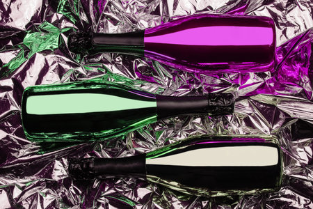 three different bottles of champagne on foil backgroundの写真素材