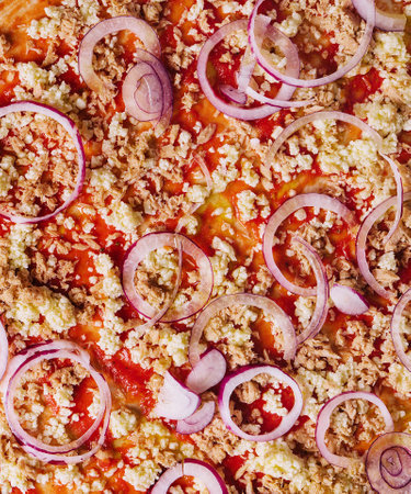 Detail of maxi pizza with tunaの写真素材
