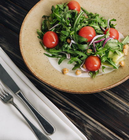 Arugula tomato salad with pine nutsの写真素材