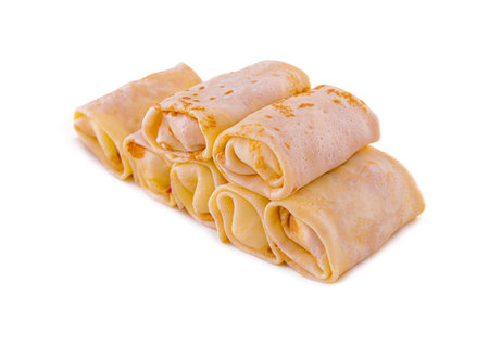 Rolls of pancakes isolated on whiteの写真素材