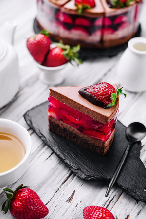 chocolate with jelly cake with strawberryの写真素材