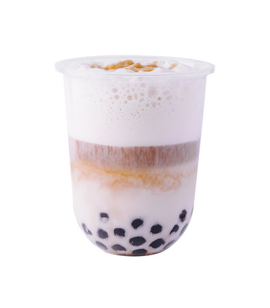 Iced Thai Milk Tea with Bubbles in Plastic Cupの写真素材