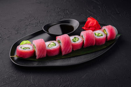 Japanese uramaki tuna roll with cucumberの写真素材