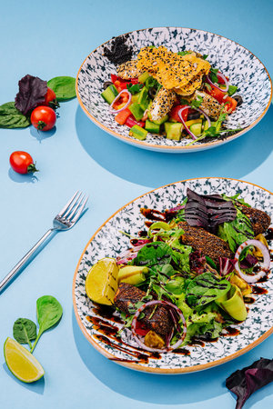 greek salad and tuna salad top viewの写真素材