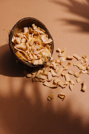 dried coconut flakes in coconutの写真素材