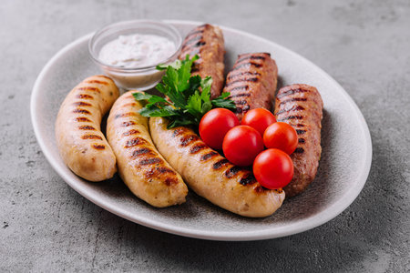 fried sausages with tomatoes cherry on plateの写真素材
